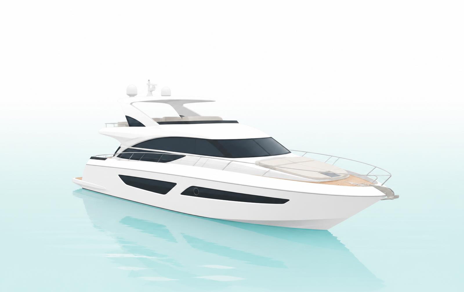 Modern white motor yacht on calm aquamarine water